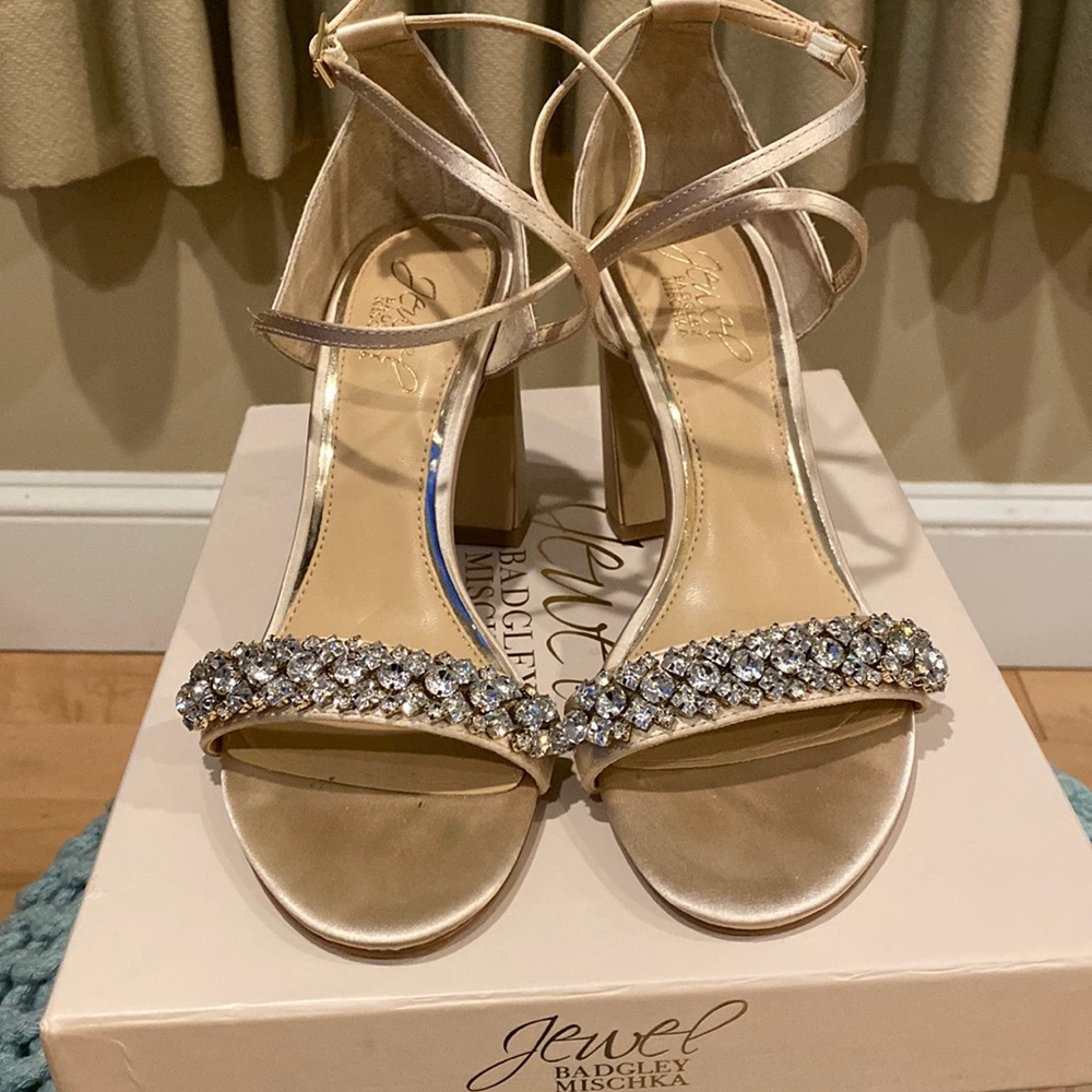 Badgley Mischka Jeweled Champagne Satin Heels